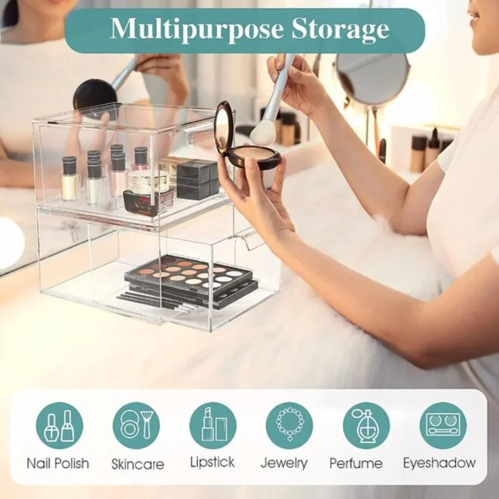 New 2-Pack Stackable Clear Makeup Organizer Drawers for Vanity & Pantry